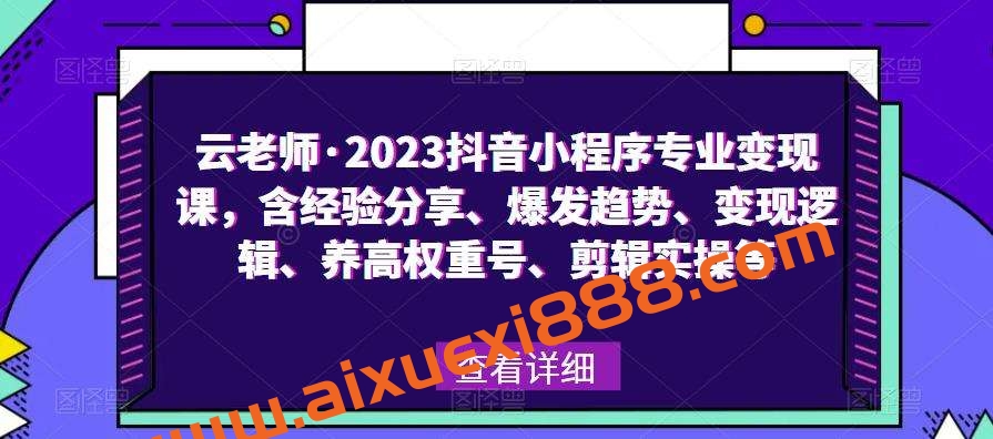 云老师·2023抖音小程序专业变现课，含经验分享、爆发趋势、变现逻辑、养高权重号、剪辑实操等插图